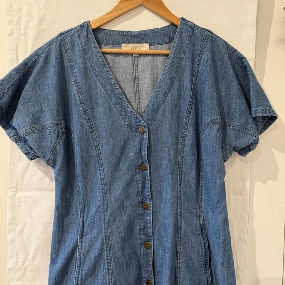 Loft Denim Dress Women 14 Blue Jean Pockets 100% Cotton Maxi Cottage Button Down - Picture 2 of 11